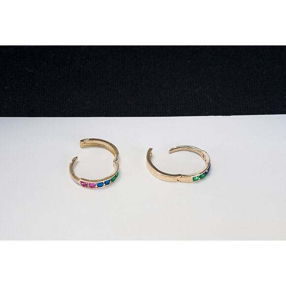 10K Gold Tiny Hoop Earrings, Multi-Color Rainbow CZ Gemstone, 11mm Everyday Wear - Picture 6 of 6